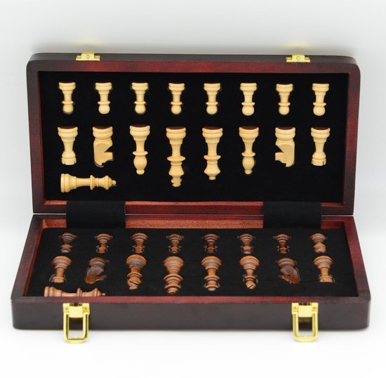 Thumbnail van een extra afbeelding van het spel schaakbord van hout–magnetisch inklapbaar reis schaakspel met schaakstukken 29cm premium kwaliteit