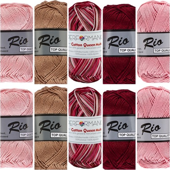 Paquet de fils multi coton Rio and Queen - couleurs marron rose - 10 écheveaux
