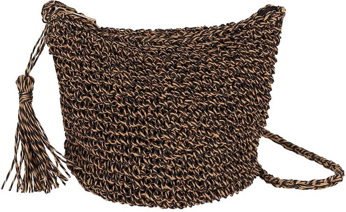 Schoudertas dames - Crossbody tas - Gevlochten papierstro - Zwart-naturel
