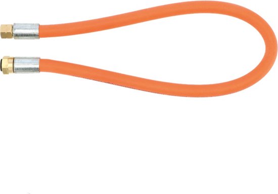 Oranje rubberen gasslang van 75 cm met messing koppelingen aan beide uiteinden.