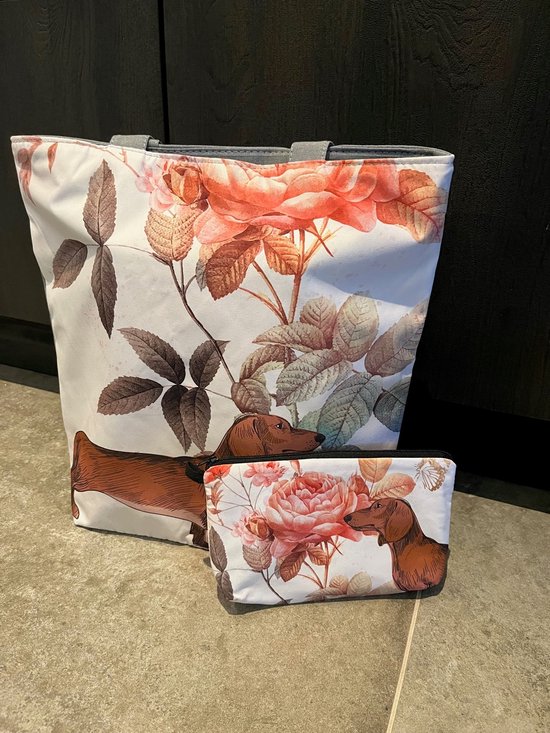 Trousse de toilette - Teckel - Imprimé fleuri - Etui - Pochette - Trousse de Maquillage - 1 compartiment - étanche - 21x14cm