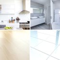 Collage: keuken, badkamer, houten vloer en witte tegels.