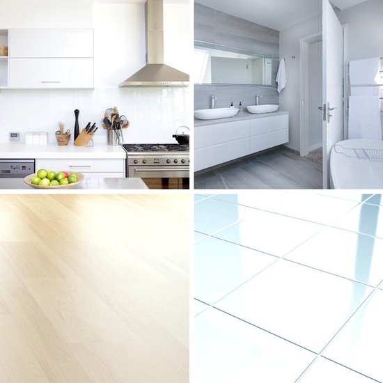 Collage: keuken, badkamer, houten vloer en witte tegels.