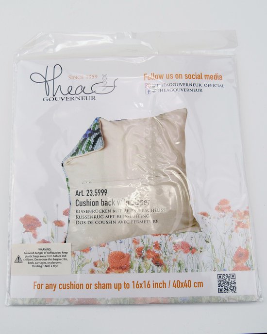 Thea Gouverneur Cross Stitch Kit Pillow Back with Zipper - 23.5999 - Beige - Katoen - Broderie pour adultes