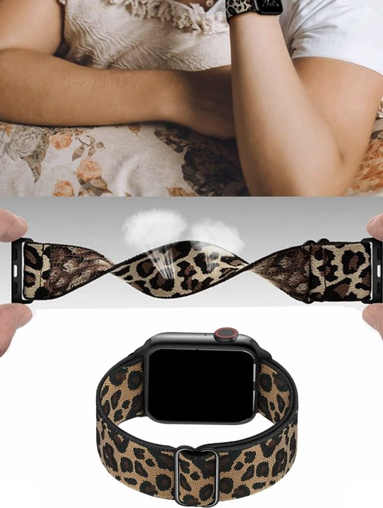 Bracelet Apple Watch en tissu souple à imprimé léopard, porté au bras et autour de la montre.