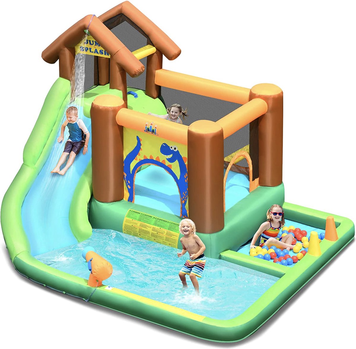 Mara Opblaasbaar Speelzwembad - Waterglijbaan - Kinderzwembad - Waterpark - Voor Kinderen - Buitenspeelgoed - Inclusief Ventilator - Groen - Paars - 368 x 303 x 230 cm