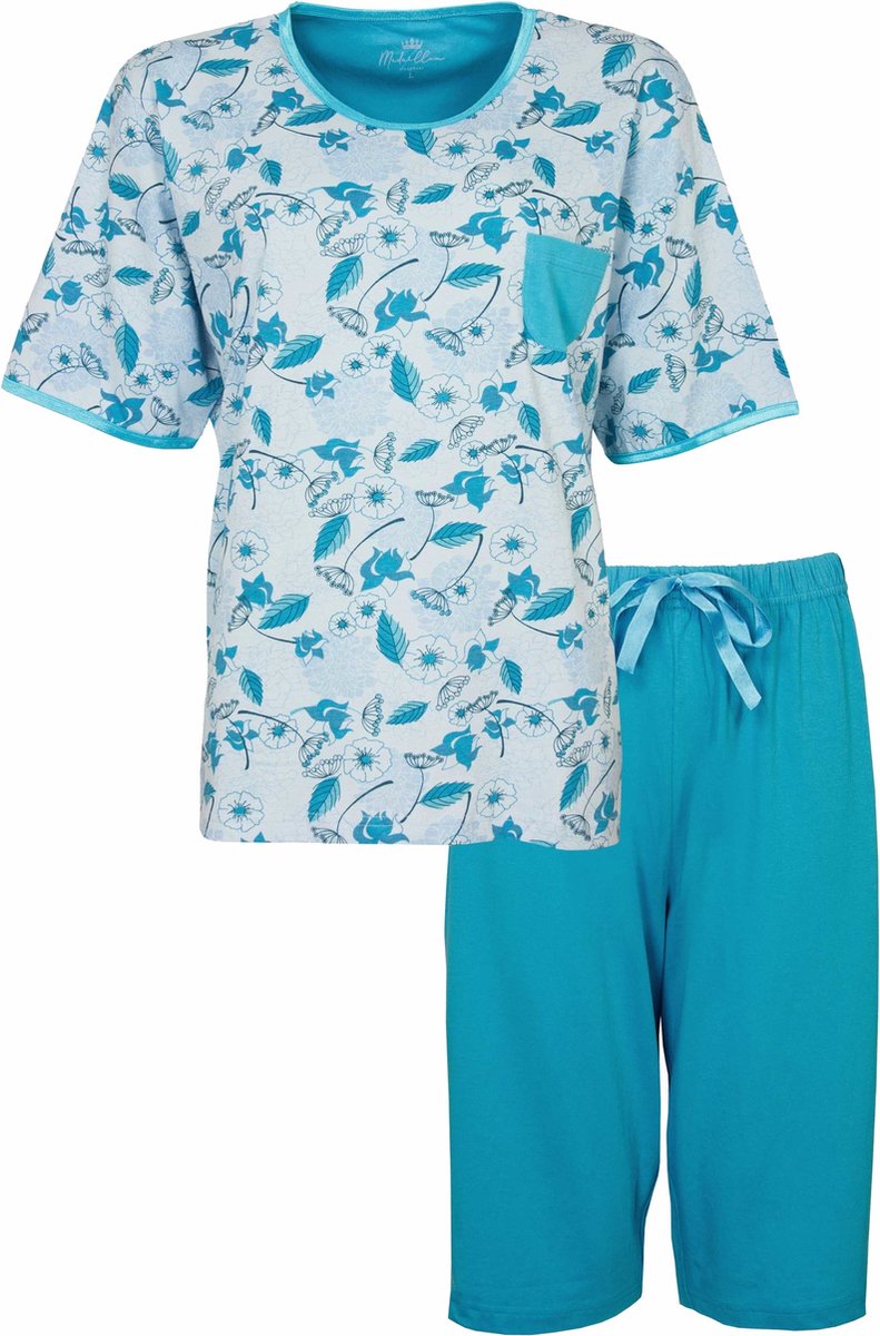 Medaillon Dames Pyjama - Katoen - Bloemenprint - Turquoise Blauw