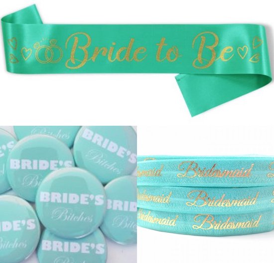 Foto: Vrijgezellenfeest set bride to be en bride s bitches mint groen goud en wit 16 delig vrijgezellenfeest bride to be bruid sjerp trouwen huwelijk