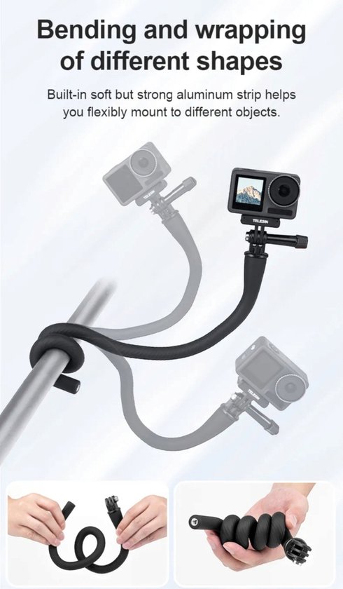 Support flexible noir, se plie et s'enroule de différentes formes autour d'objets, avec caméra GoPro.