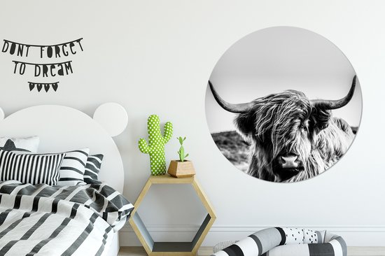 WallCircle - Cercle Mural - Cercle Mural - Vache - Highlander écossais - Zwart - Wit - Animal - Nature - Sauvage - Aluminium - Dibond - 120x120 cm - Intérieur et Extérieur XXL
