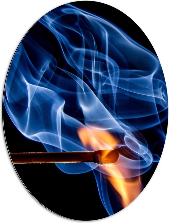 Dibond Ovaal - Lucifer met Vuur en Blauwe Rook op Zwarte Achtergrond - 60x80 cm Foto op Ovaal (Met Ophangsysteem)