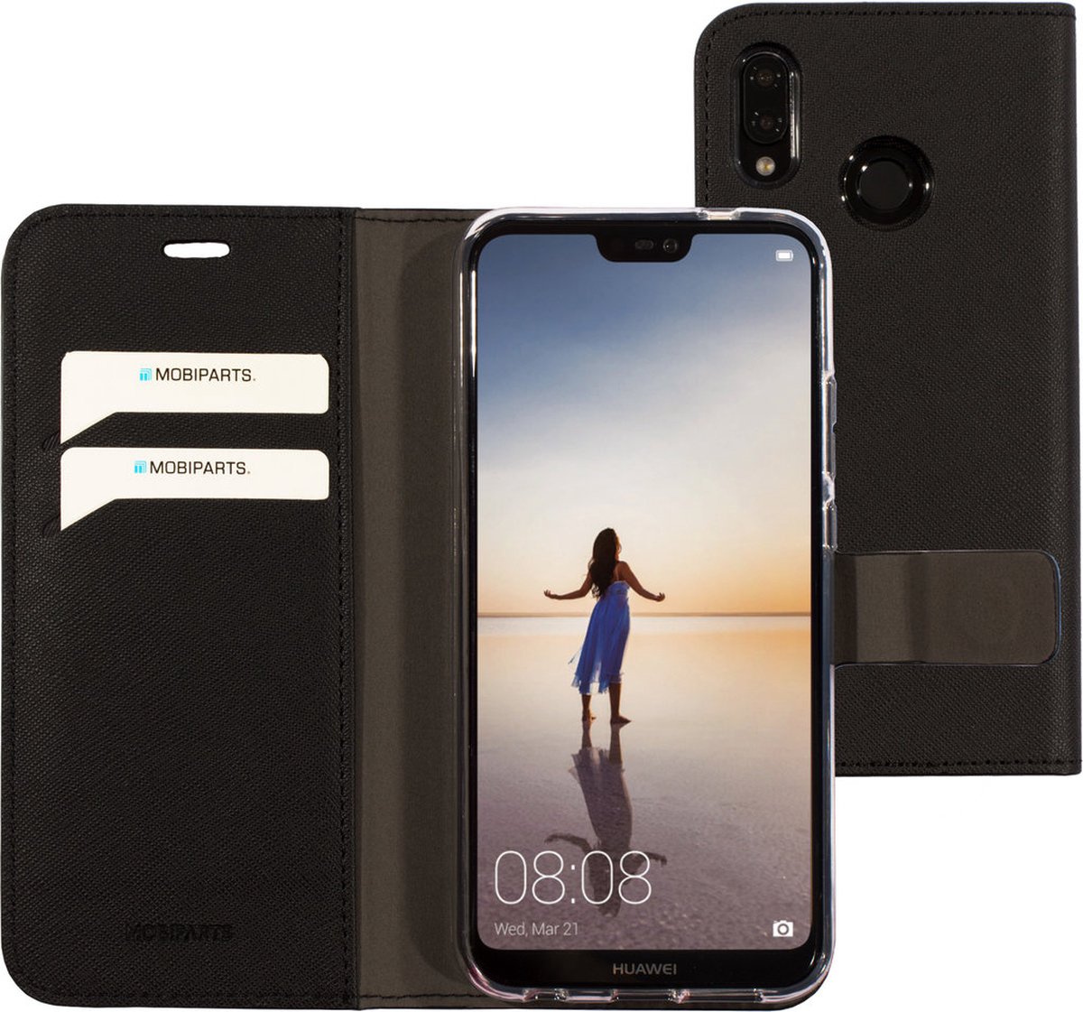 Huawei P20 Lite (2018) Hoesje - Saffiano Wallet/Portemonnee hoesje - Magneet Sluiting - 3 Opbergvakken - Zwart - Mobiparts