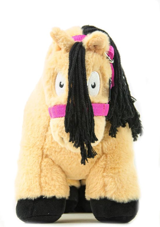 Lichtbruine knuffel pony met zwarte manen en roze halster.