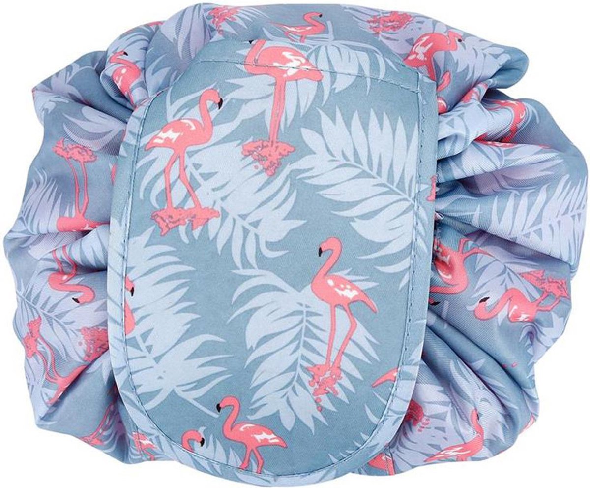 Intirilife cosmeticatas in GREY ROSA FLAMINGO - Ronde toilettas in één stap met trekkoord om samen te trekken met 2 binnenvakken met ritssluiting, ideaal voor op reis - Voor het opbergen van make-up enz.