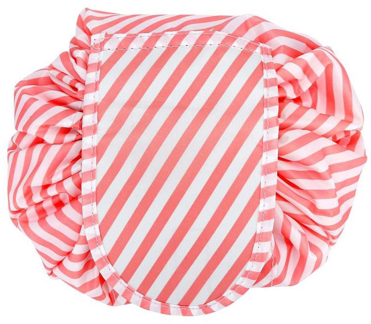 Intirilife cosmeticatas in ROSA STRIPED - Ronde toilettas in één stap met trekkoord om samen te trekken met 2 binnenvakken met ritssluiting, ideaal voor op reis - Voor het opbergen van make-up enz.