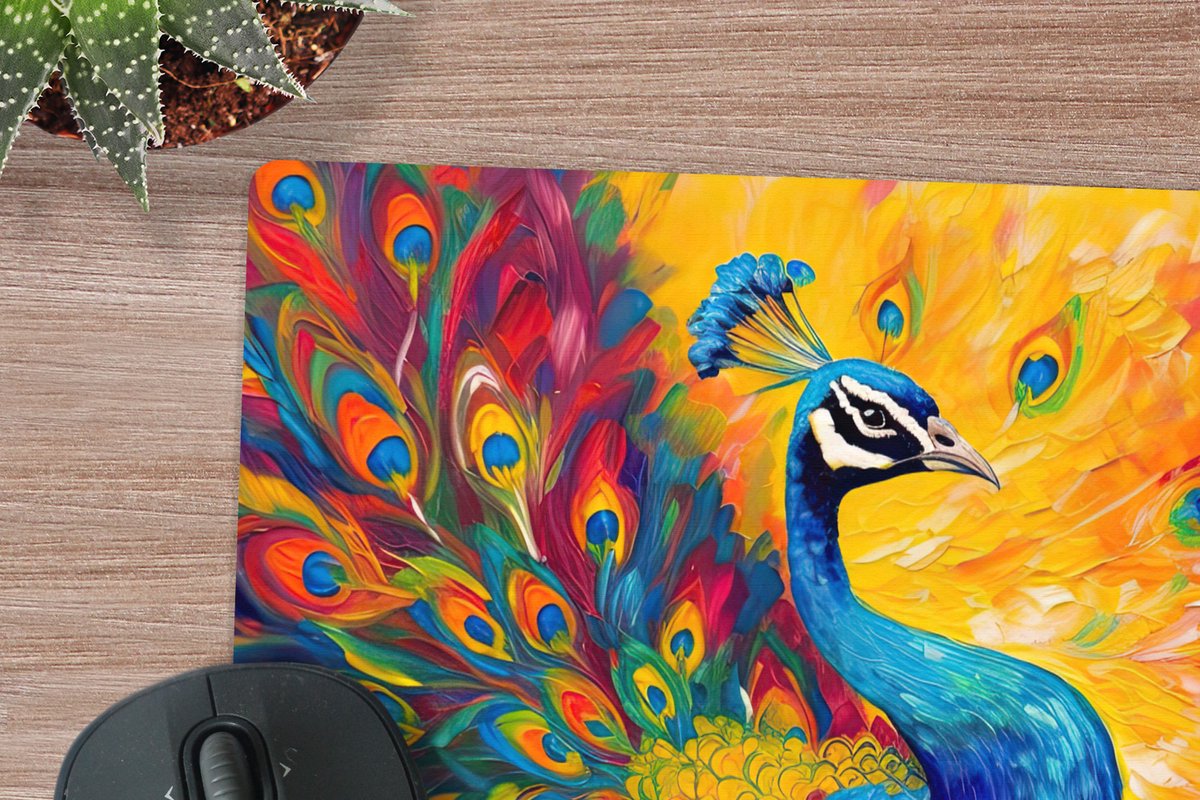 Muismat XXL 40x40 cm - Bureau onderlegger - Bureau mat Pauw - Kunst - Schilderij - Pauwenveren - Bureaumat - Gaming mousepad xl - Bureaulegger groot - Computer deskmat