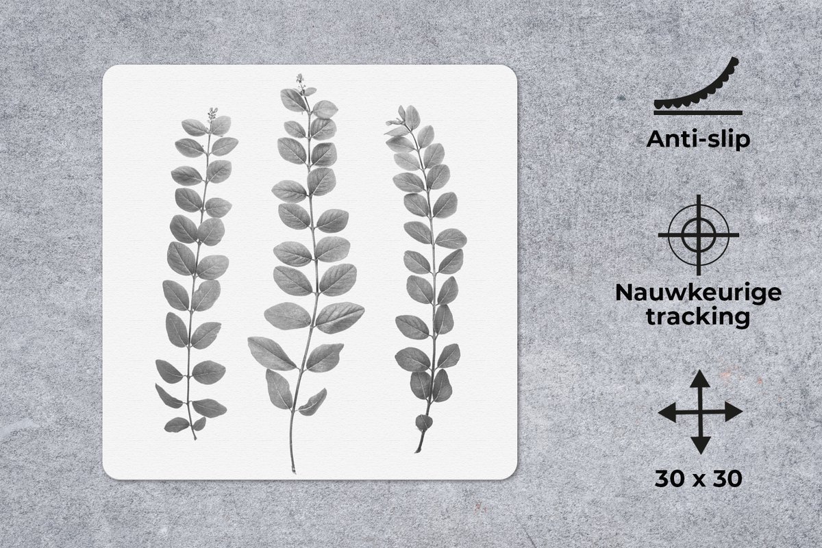 Muismat 30x30 cm - Mousepad Planten - Bladeren - Natuur - Wit - Muismatten