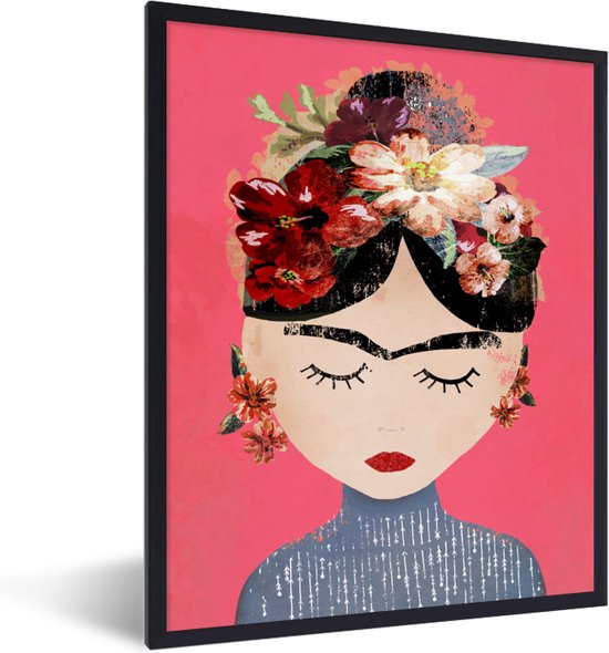 Fotolijst incl. Poster - Frida Kahlo - Vrouw - Vintage - Bloemen - Kunst - 60x80 cm - Posterlijst