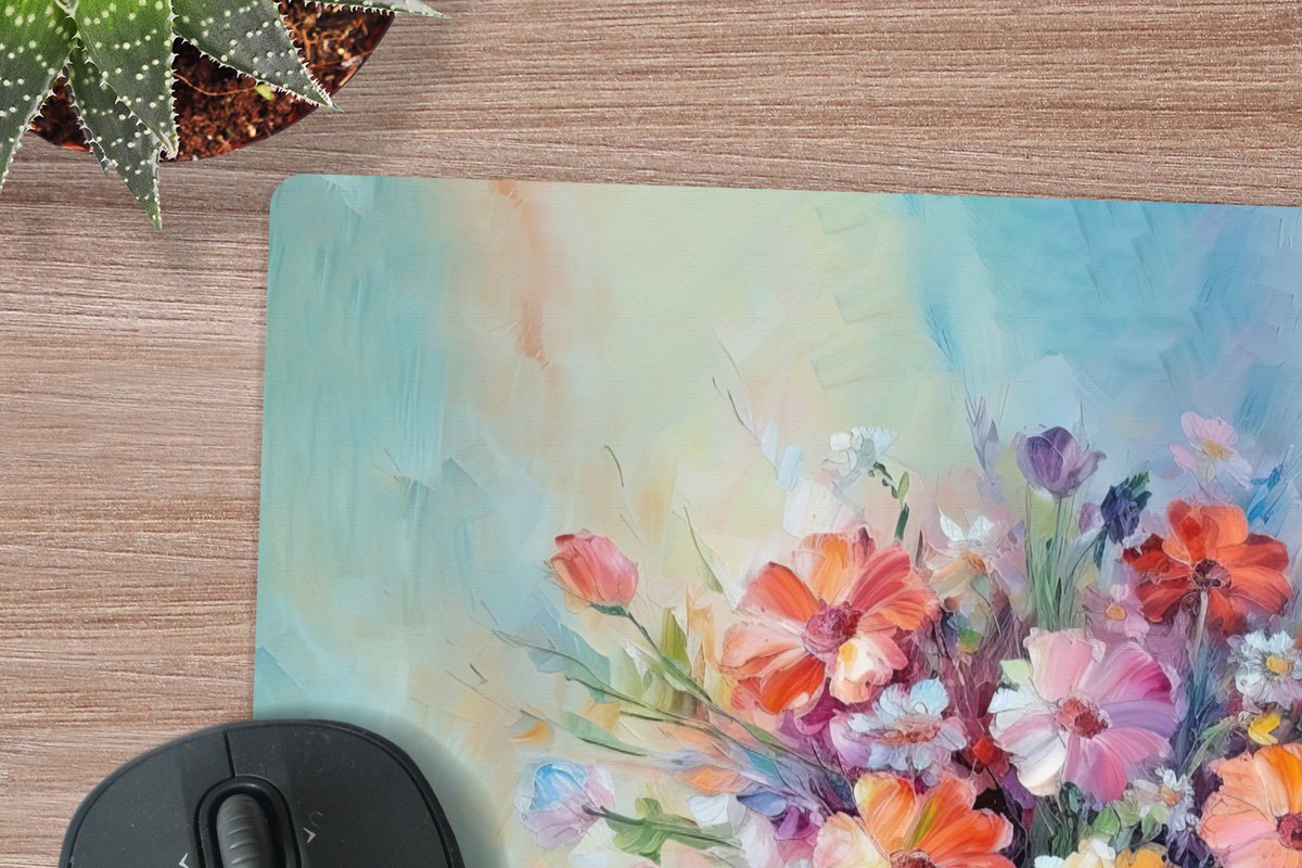 Muismat XXL 80x80 cm - Bureau onderlegger - Bureau mat Bloemen - Kunst - Schilderij - Lente - Boeket - Bureaumat - Gaming mousepad xl - Bureaulegger groot - Computer deskmat
