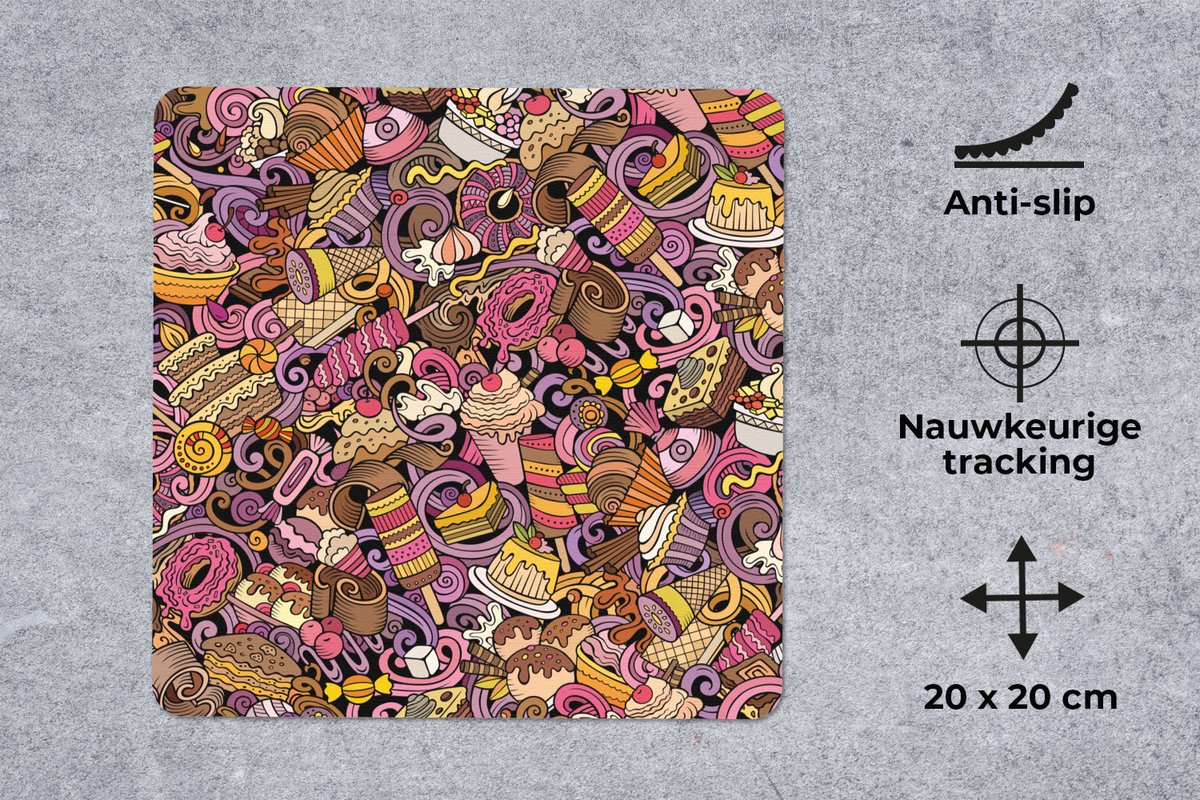Muismat 20x20 cm - Mousepad Eten - Taart - Patronen - Design - Donut - Kind - Muismatten