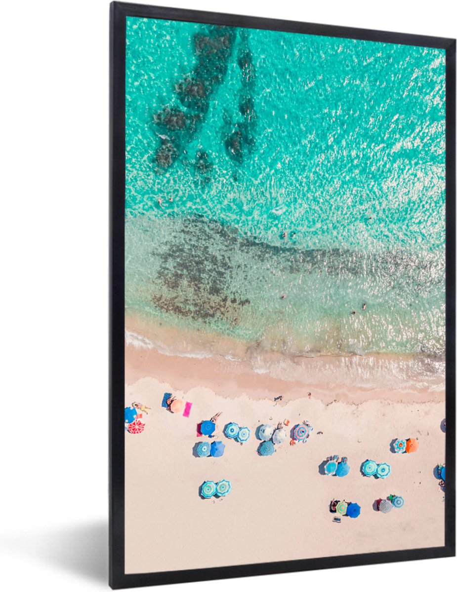 Fotolijst incl. Poster - Zee - Strand - Zomer - Parasols - Blauw - 80x120 cm - Posterlijst