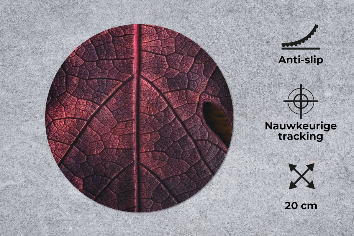Muismat rond 20x20 cm - Mousepad Abstract - Rood - Bladeren - Plant - Ronde muismatten
