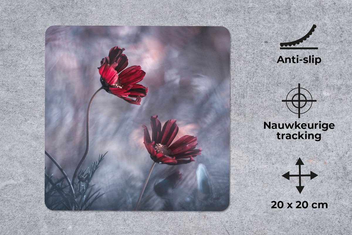 Muismat 20x20 cm - Mousepad Bloemen - Rood - Planten - Natuur - Muismatten
