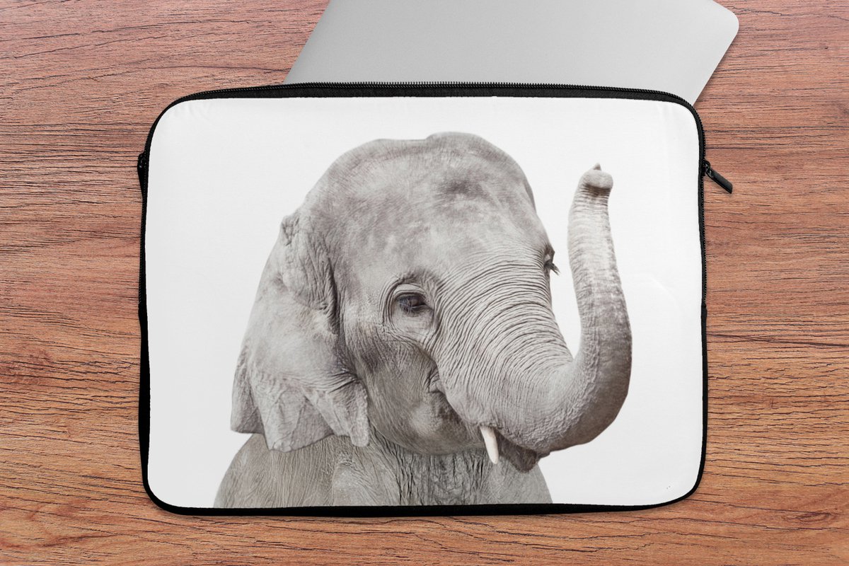 Laptophoes 14 inch - Olifant - Dieren - Grijs - Natuur - Laptop sleeve - Binnenmaat 33x23 cm - Zwarte achterkant