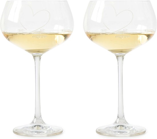 Riviera Maison Witte Wijnglazen set met gegraveerd hartje - With Love White Wine Glass - 550 ML - Glas - Transparant - 2 stuks