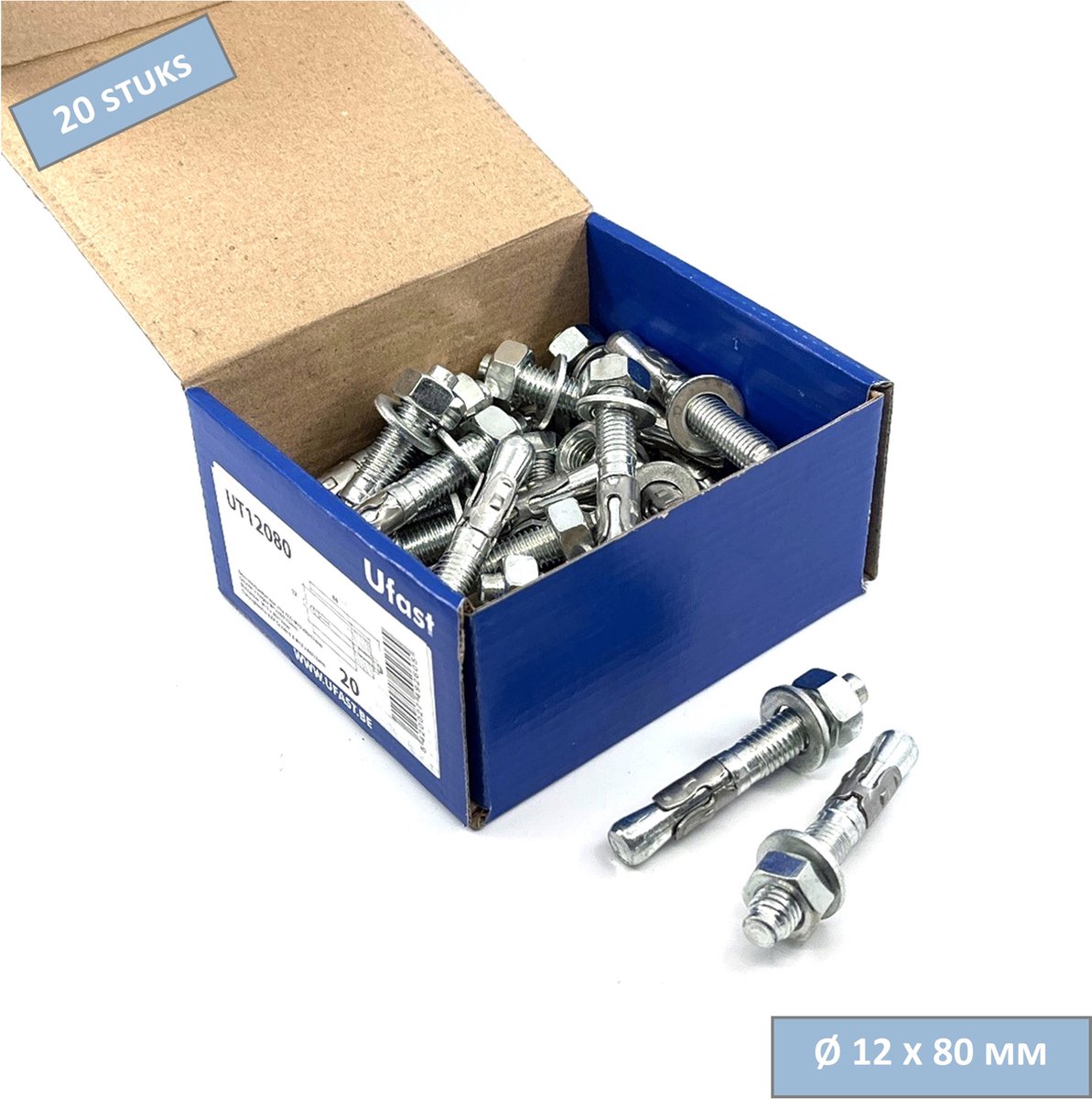 UFAST doorsteekanker met clip - M12 x 80 mm - Moer + sluitring - Verzinkt - 20 stuks
