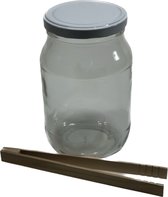 Bocal en verre 1,7 litres avec couvercle blanc et pince en bois - bocal à conserves - bocal à conserves