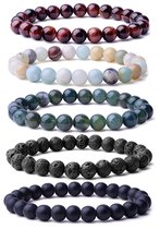 Bixorp 8mm Stretch armbanden set met Rode Tijgeroog + Amazoniet + Kambamba Jaspis + Lavasteen + Obsidiaan - Helende kralenarmbanden