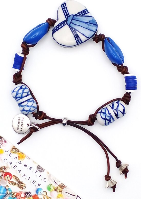 Jeannette-Creatief® - Holland - Delfts Blauw Kauri - Armband - Kauri - Delfts Blauw - Hartje - Dames armband - Leren armband - Souvenir - Tulpen - Klompen - Armband hartje - Delftsblauwe armband - Schelpen - Katsuki