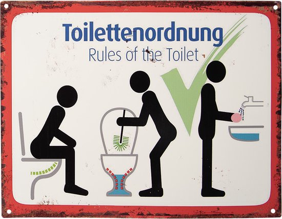 Clayre & Eef Tekstbord 33x25 cm Wit Rood Ijzer Toilettenordnung Rules of the toilet Wandbord