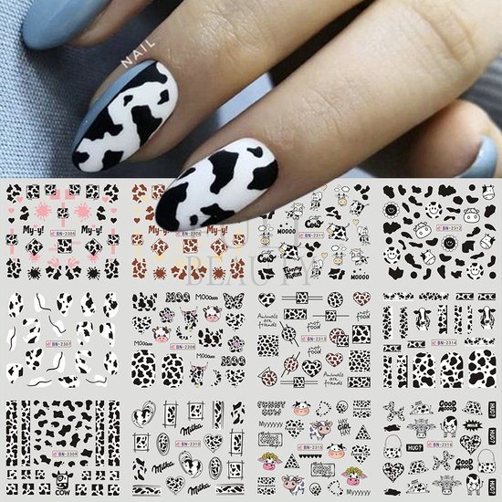 12 Stuks Nagelstickers – Koeienvlekken – Dierenprint Koe – Nail Art Stickers