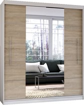 Zweefdeurkast Kledingkast met Spiegel Garderobekast met planken en kledingstang - 204x58x218 cm (BxDxH) -NICO 03 (Wit + Sonoma)