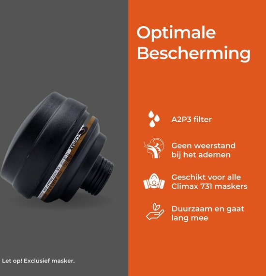 Zwart A2P3 filter met schroefdraad. "Optimale Bescherming" met "Geschikt voor alle Climax 731 maskers"