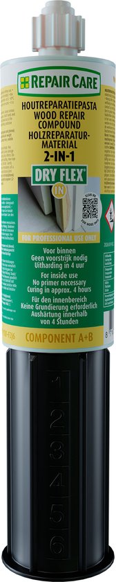 Groene en gele tube Repair Care Houtreparatiepasta Dry Flex 2-in-1 met witte dop, staand op een zwarte cilinder met maatstreepjes.