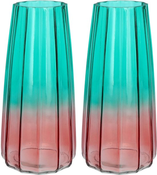 Bellatio Design Bloemenvaas - 2x - blauw/roze gekleurd - glas - D10 x H21 cm - vaas