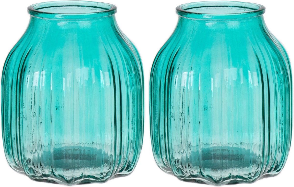 Bellatio Design Bloemenvaas - 2x - turquoise blauw transparant glas - D14 x H16 cm - vaas