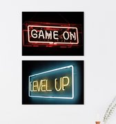 PosterGuru - Canvas Schilderij - Neon Game On Level Up - GamePoster - Set van twee stuks van 40x50 cm