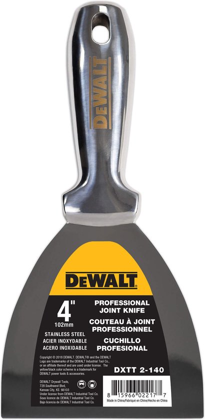 Couteau à joint professionnel DeWalt 102mm en acier inoxydable avec manche ergonomique.
