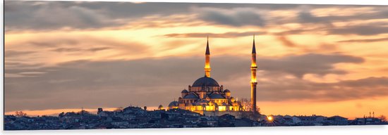 WallClassics - Dibond - Süleymaniye-Moskee op Begin van de Avond in Istanbul, Turkije - 120x40 cm Foto op Aluminium (Met Ophangsysteem)