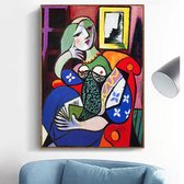 Allernieuwste.nl® Canvas Schilderij Pablo Picasso Annabella met Boek - Kunst aan je Muur - Kleur Blauw - Modern - 50 x 70 cm