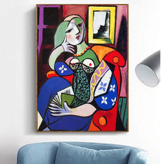 Allernieuwste.nl® Peinture sur Toile Pablo Picasso Annabella avec Boek - Art sur votre Mur - Couleur Blauw - Moderne - 50 x 70 cm