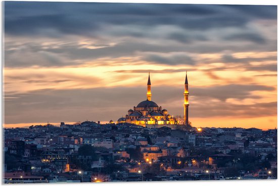 WallClassics - Acrylglas - Süleymaniye-Moskee op Begin van de Avond in Istanbul, Turkije - 75x50 cm Foto op Acrylglas (Wanddecoratie op Acrylaat)