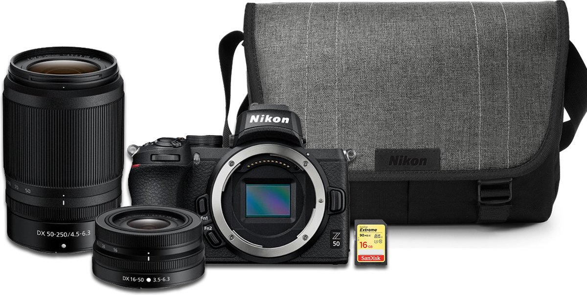 Nikon Z50 - Systeemcamera - + NIKKOR Z DX 16-50mm f/3.5-6.3 VR & NIKKOR Z DX 50-250mm f/4.5-6.3 VR-lens + cameratas + 16GB SD kaart - Nikon