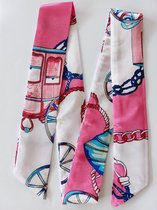 Le Sjalerie Smalle Sjaal/ Hoofdband / Haarband / Armband Met Mooie Print Wit/ Roze Satijn