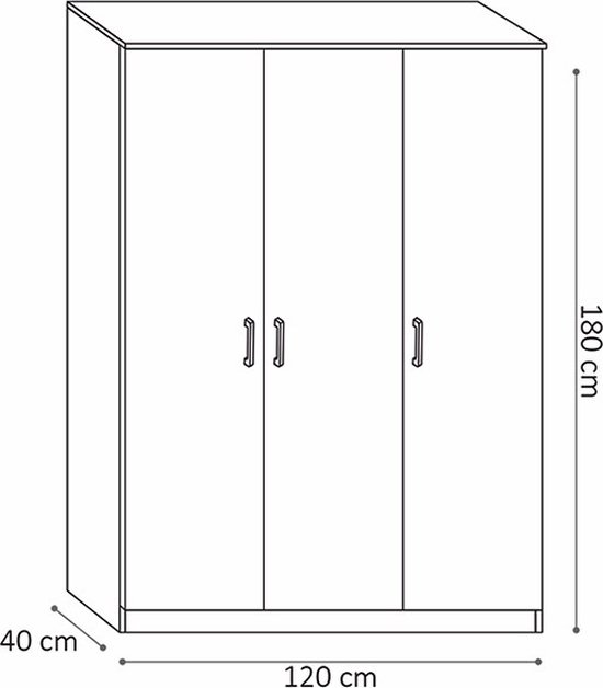 Interiax Opbergkast - Kledingkast 'Amelie' 3 deuren en 8 legplanken | Wit | 180x120x40 cm