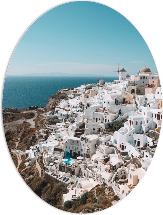 PVC Schuimplaat Ovaal - Witte Huisjes met Uitzicht op Zee - Santorini - 60x80 cm Foto op Ovaal (Met Ophangsysteem)